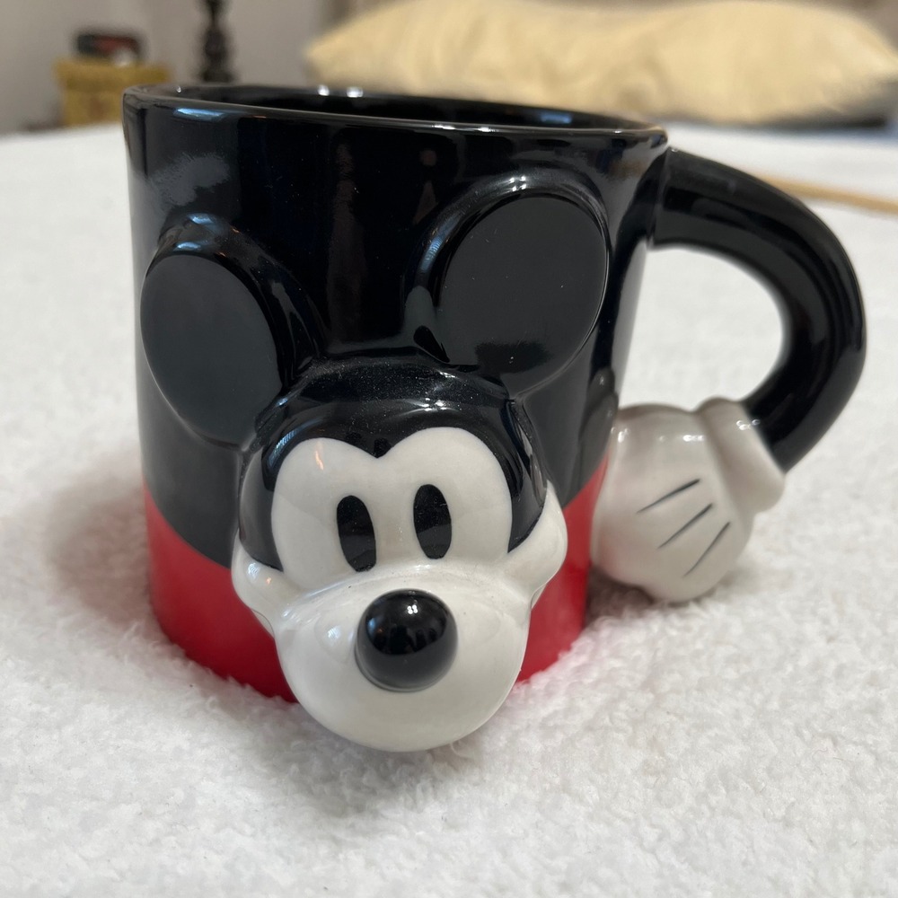 Disney Store Mickey Mouse Face Mug Black Red Yellow Polka Dot Handle
